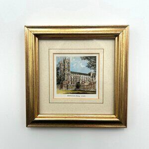 Framed 5" Miniature Westminster Abbey London Print, Gold Frame, MCM, Primitive